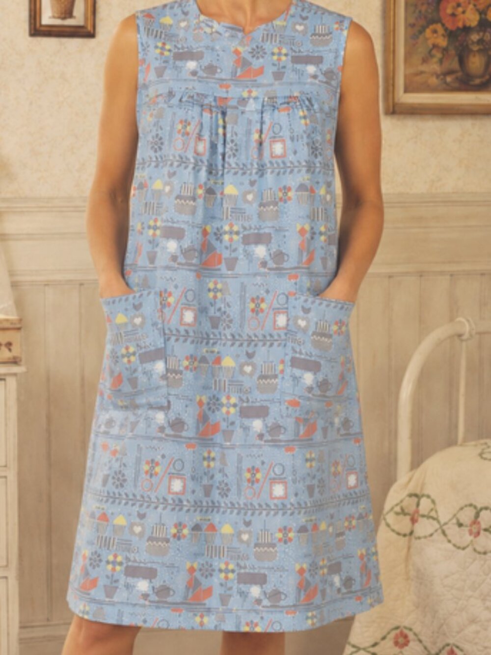 Vintage National Blue Novelty Print House Dress Nightgown Large